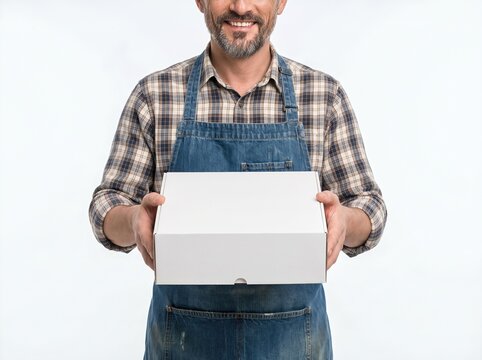 Friendly male baker holding blank white cardboard cake box isolated on white