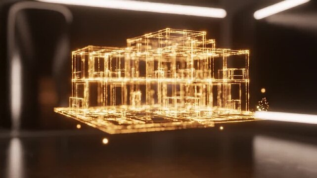 Golden Particles Forming 3D House Hologram in Futuristic Laboratory, Cinematic Architectural Visualization Animation