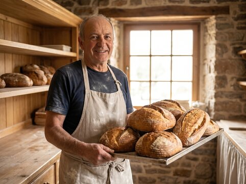 Proud artisan baker holding metal tray of freshly baked crusty bread in rustic bakery