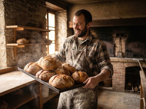 Proud artisan baker holding metal tray of freshly baked crusty bread in rustic bakery