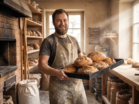 Proud artisan baker holding metal tray of freshly baked crusty bread in rustic bakery
