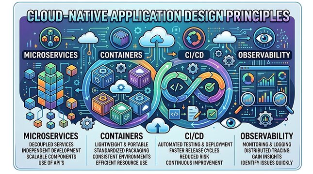 Cloud native application design principles tech infographic