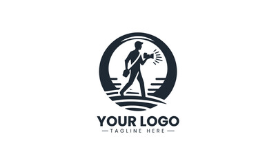 Fototapeta premium Black Vector Logo of Photographer Walking with Camera, Retro Line Art Character