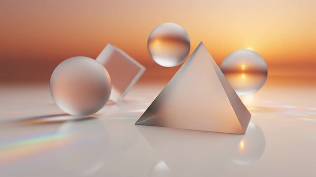 Frosted spheres and pyramids on a reflective surface with a sunset background