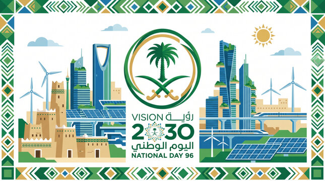 Saudi National Day 96 Vision 2030 Riyadh Skyline Vector Illustration