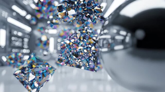 Shiny sphere and abstract crystal shards in a futuristic corridor