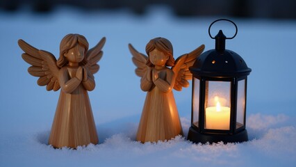 Fototapeta premium Wooden Angel Statues with Candle Lantern