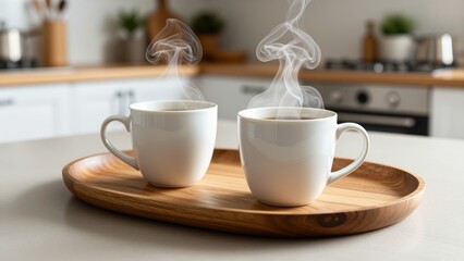 Obraz premium Two steaming coffee mugs on a wooden tray