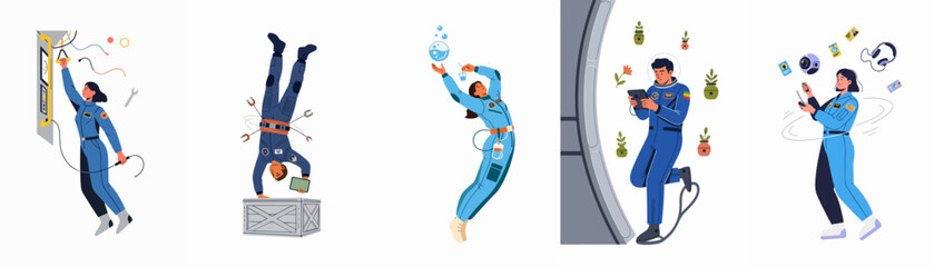 Set of diverse astronauts performing various tasks in space, including repairs, science experiments, gardening, and technical operations in zero gravity. © Woo