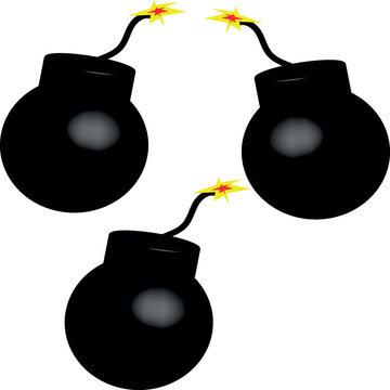 Three cartoon-style black bombs with lit fuses, ready to explode, isolated on a white background for graphic design elements
