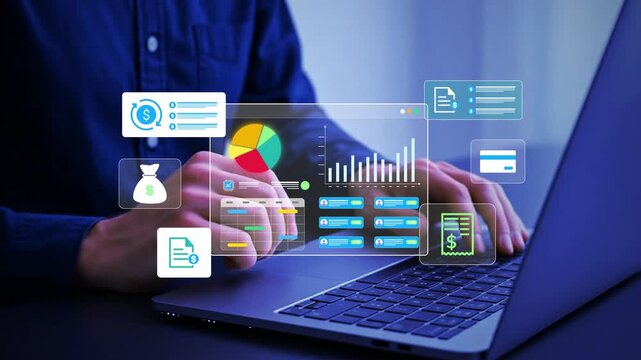 AI payroll system interface showing employee salary data, budgeting graphs, and monthly calendar used on laptop for digital finance management and automated compensation planning in business setup, 4k