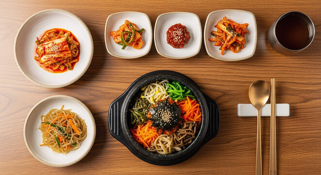 Overhead shot of an authentic Korean bibimbap served in a hot stone bowl accompanied by traditional banchan side dishes including kimchi, japchae, and pickled vegetables on a wooden table.