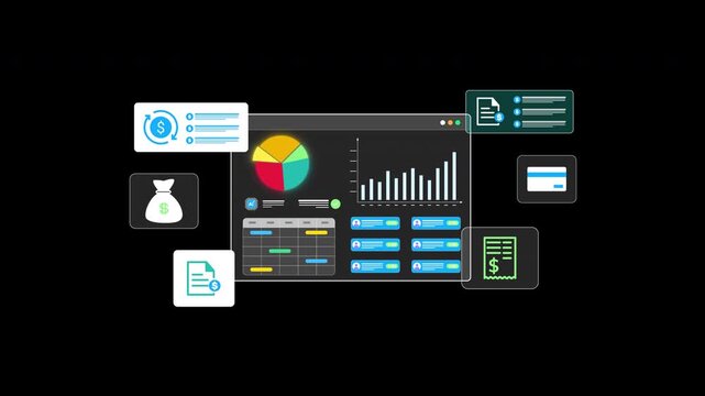 AI payroll system interface showing employee salary data, budgeting graphs, and monthly calendar used on laptop for digital finance management and automated compensation planning in business setup, 4k