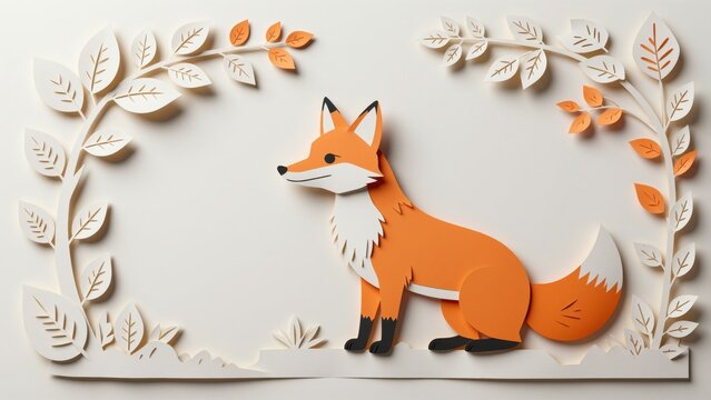 Paper Art Fox with Autumn Leaves