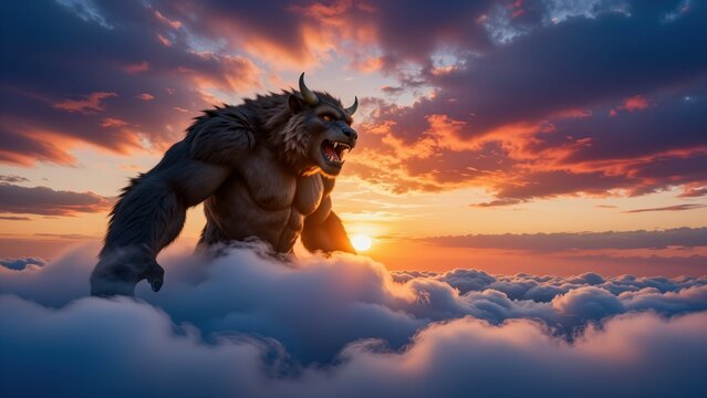 Mythical Beast Roaring Above Cloudscape During Sunset