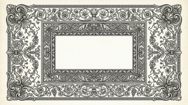 Ornate vintage floral border frame illustration with intricate baroque acanthus foliage and decorative engraved scrollwork.
