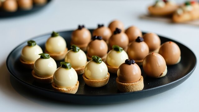 Assorted Chocolate and Vanilla Pastries on a Black Serving Plate