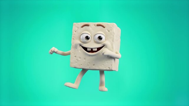 A happy 3D rendered tofu cube character dancing on a solid bright turquoise backdrop. Suitable for plant-based food advertisements, healthy cooking videos, social media clips, and fun food animations.