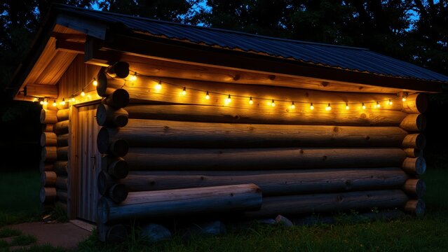 Cozy Log Cabin with String Lights at Night