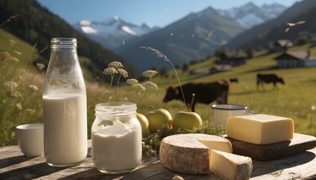 Dairy products and apples on a wooden table with cows in a mountain landscape