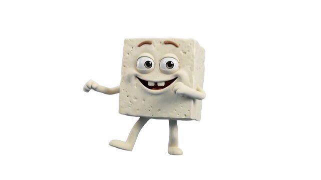 A cheerful 3D cartoon tofu cube character with a big smile dancing enthusiastically on a clean white background. Ideal for vegan food promos, vegetarian branding, healthy eating commercials, and graph