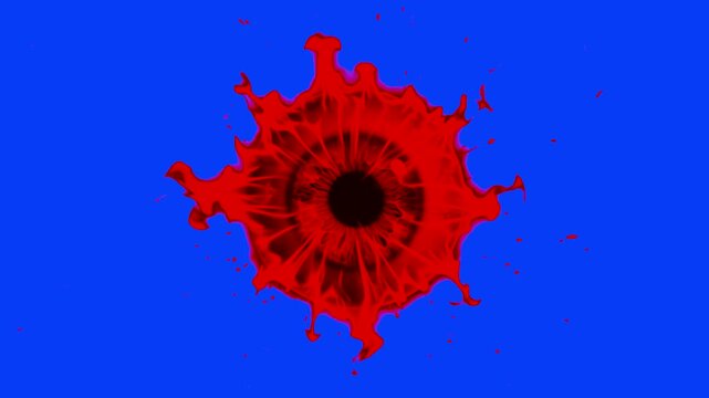 A dark monster eyeball surrounded by a burning fiery red lava splash aura isolated on a solid bright blue chroma key background. Great for fantasy film visual effects, halloween motion graphics, gamin
