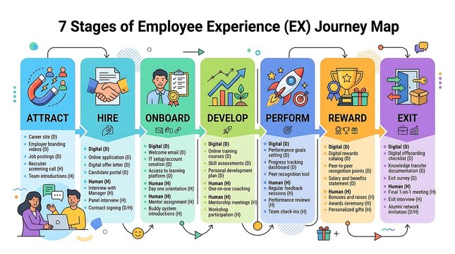 Seven stages of employee experience journey map infographic