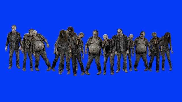 A group of creepy 3D model zombies standing still in terrifying poses against a bright blue chroma key background. Perfect for horror movies, Halloween promos, tactical game trailers, and VFX composit