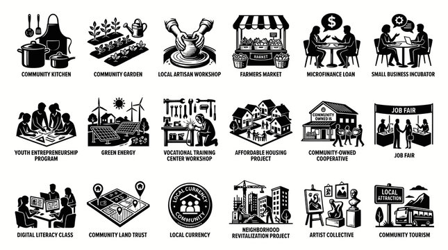 Community Development Programs, Local Economy  Social Initiatives Black White Line Art Icons Set