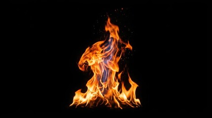 Fototapeta premium Bright fire flame isolated on black background. Burning blaze element for graphic design.