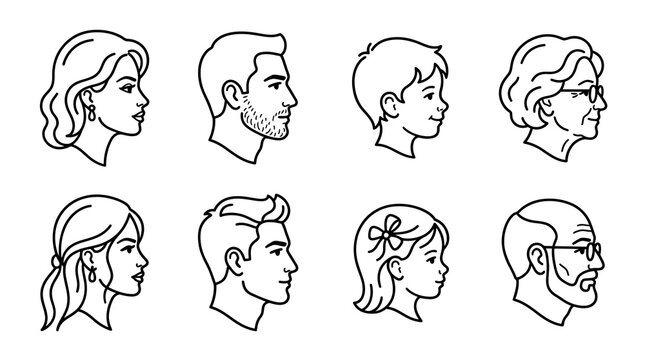 Set of Diverse Human Head Profiles Line Art Illustration Featuring Men Women Children and Elderly People