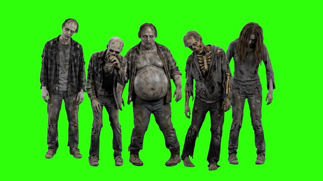 A frightening group of scary zombies standing together, isolated on a chroma key green screen background. Perfect for horror movies, Halloween promos, zombie apocalypse VFX, video game trailers, and m