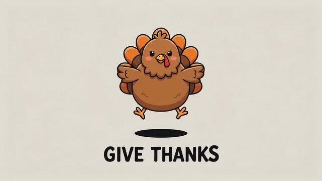 Animated cartoon turkey jumping with Give Thanks text