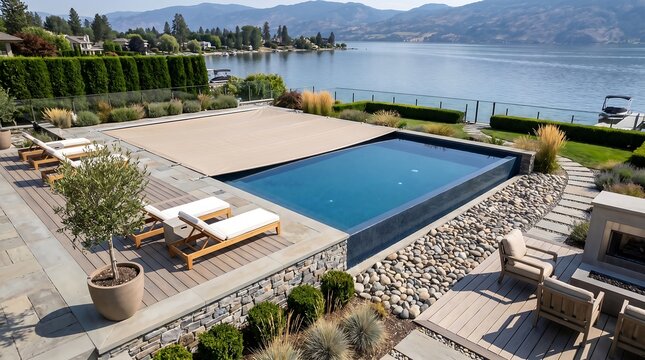 Luxury lakeside pool with retractable cover