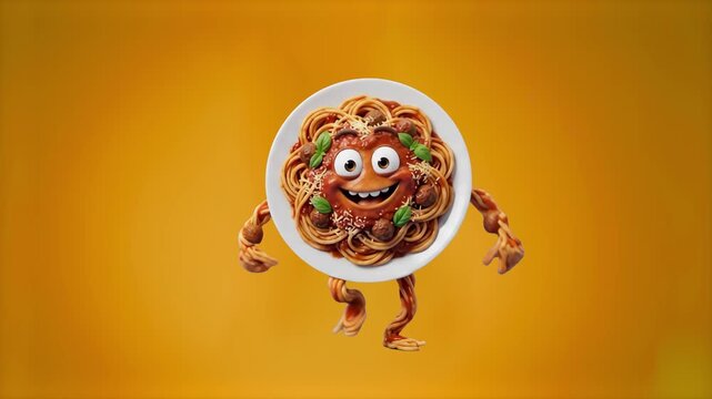 A cheerful 3D cartoon spaghetti character with meatballs and sauce performing a fun dance routine against a warm orange studio background. Ideal for Italian food promotions, pasta brand advertising, r