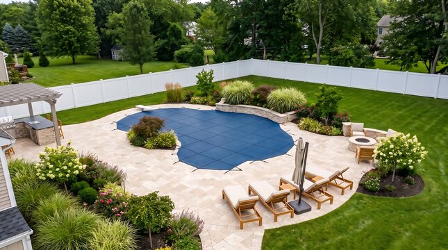 Backyard swimming pool with cover and patio furniture