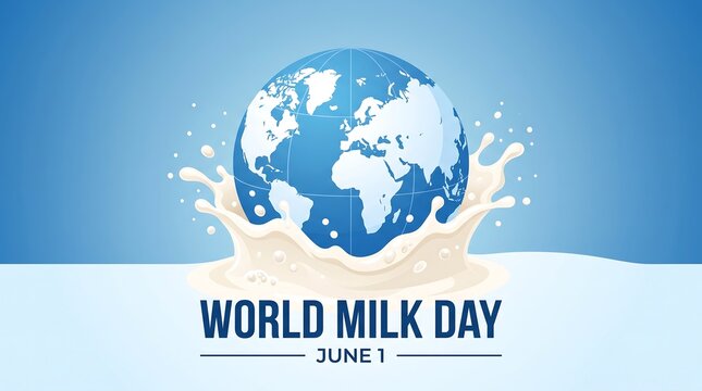 World Milk Day June 1 celebration concept, planet earth splashing in fresh white milk, global dairy industry awareness banner on blue background