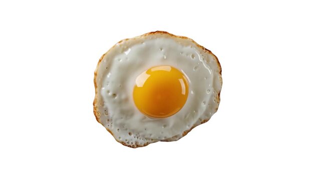 A perfectly cooked fried egg with a bright yellow yolk and crispy edges, isolated on a solid white background. Ideal for breakfast restaurant menus, food packaging, morning meal advertisements, and cu