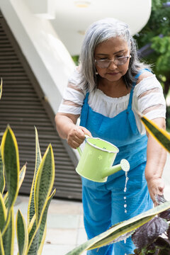 Senior woman watering plants with watering can