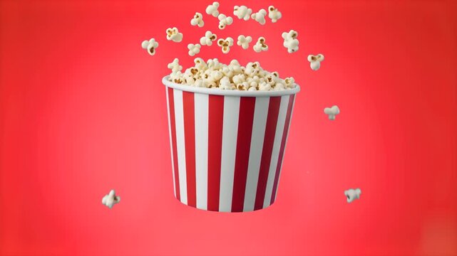 A classic red and white striped paper bucket filled with popcorn as individual kernels burst into the air against a bright red background. Ideal for cinema advertisements, movie night promos, and ente
