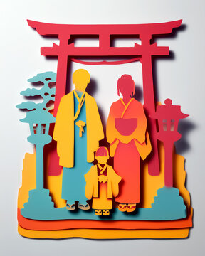 神社にお参りする七五三 切り絵イラスト
