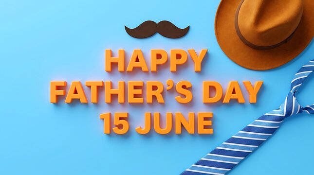 Happy Father's Day 15 June greeting card, orange 3D lettering with mustache and fedora hat, blue necktie on light blue background