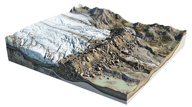 3D cross section of a glacier landscape isolated on white background