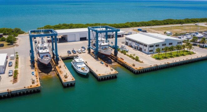Modern fishing boat service and repair facility at a bustling marine port