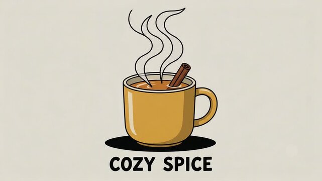 Animated cartoon mug of hot spiced drink with cinnamon stick and steam