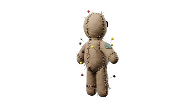 A detailed 3D render of a traditional burlap voodoo doll, viewed from the back, covered in numerous colorful pins with pearl heads. The doll has stitched seams and patches, and is isolated against a p