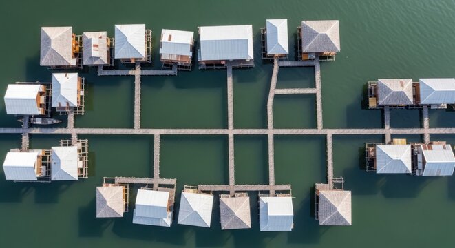 Overhead View of a Serene Floating Resort Village with Modern Villas Connected by Walkways on Calm Water