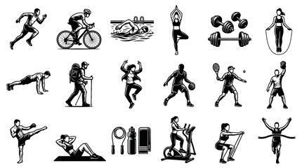 Naklejka premium Black and White Line Art of Diverse Fitness Activities and Sports Icons