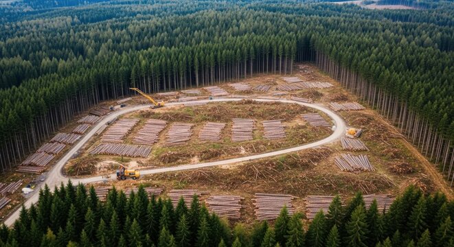 Panoramic aerial view of extensive logging operations in a vast coniferous forest, showcasing timber harvesting and industrial clearing for wood resources.