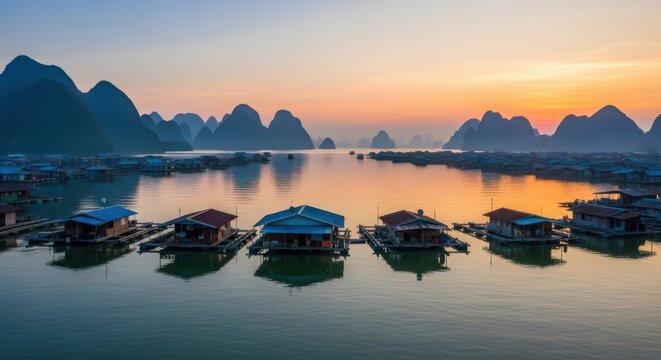 Peaceful Floating Village Houses on Calm Water at Sunset Amidst Karst Islands